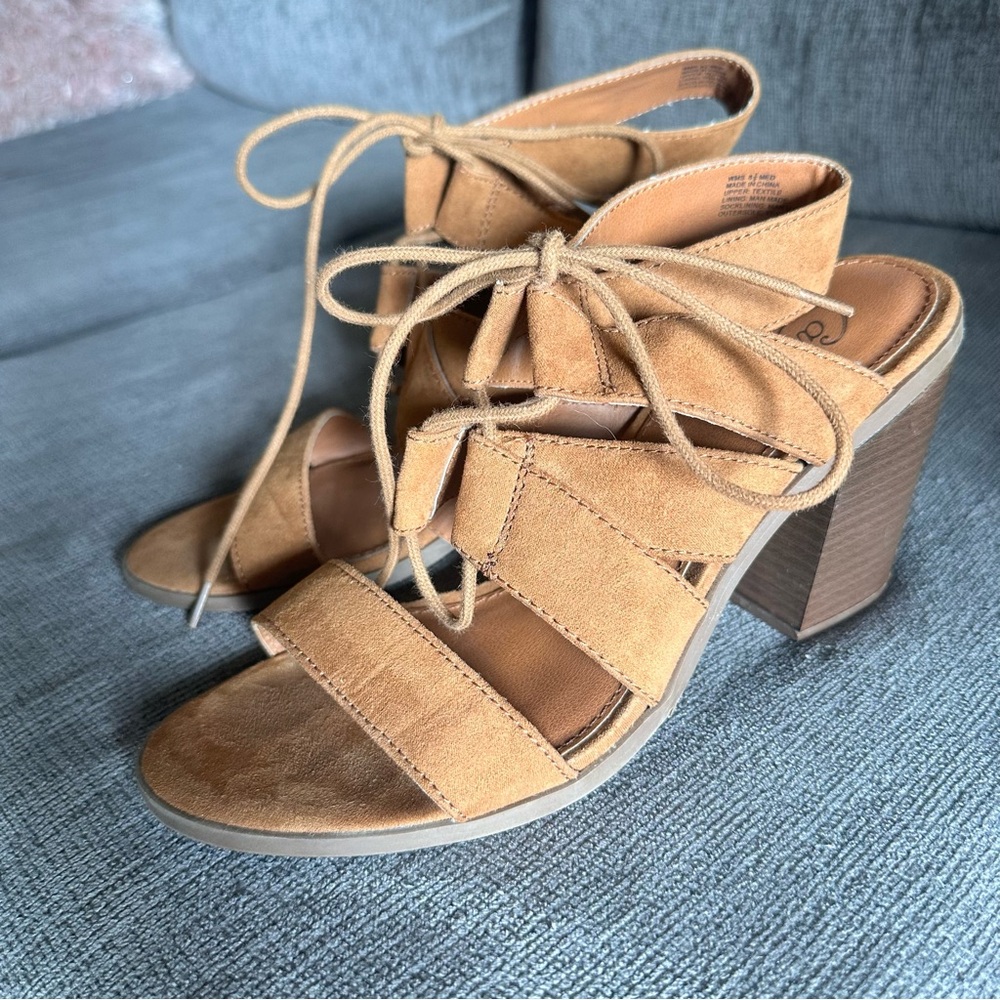 Candie's Tan Lace-Up Block Heels
